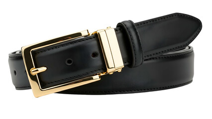 Sleek black leather belt with a gold-colored rectangular buckle, against a black background