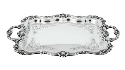 Ornate rectangular silver serving tray with handles, detailed scrolling filigree design