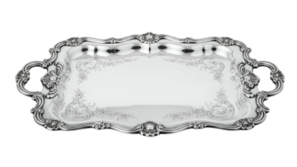Ornate rectangular silver serving tray with handles, detailed scrolling filigree design