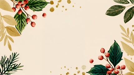 Winter Botanical Frame: Watercolor Green Leaves, Red Berries & Gold Accents Art