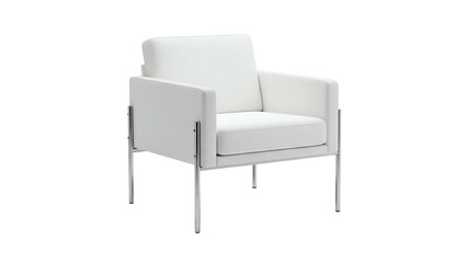 Modern white armchair with square arms, cushion, and chrome legs against a black background