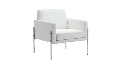 Modern white armchair with square arms, cushion, and chrome legs against a black background