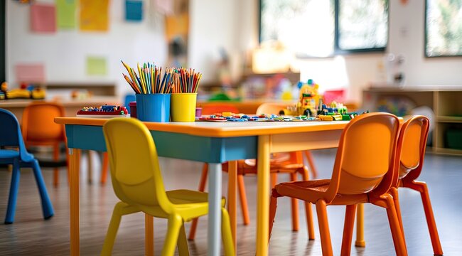 Colorful preschool classroom table, chairs, and supplies
