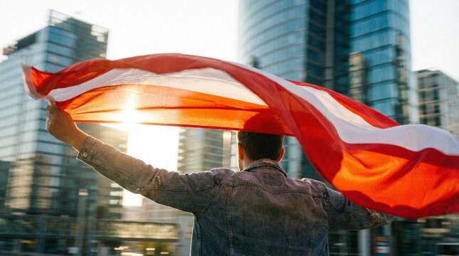 A person stands holding a red and white flag in an urban setting, ideal for conveying themes of freedom and patriotism.