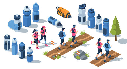 Isometric outdoor running and hydration theme with runners and water bottles