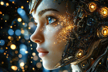 A beautiful cyborg woman's profile, merging organic skin with intricate glowing cybernetic implants, set against a background of sparkling digital light.