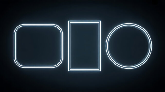 Glowing neon frames rounded square rectangle and circle on dark background - Powered by Adobe