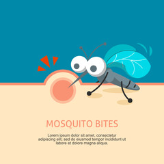 A cute cartoon mosquito bites human skin, creating a red itchy bump, highlighting irritation and the nuisance caused by mosquito bites.