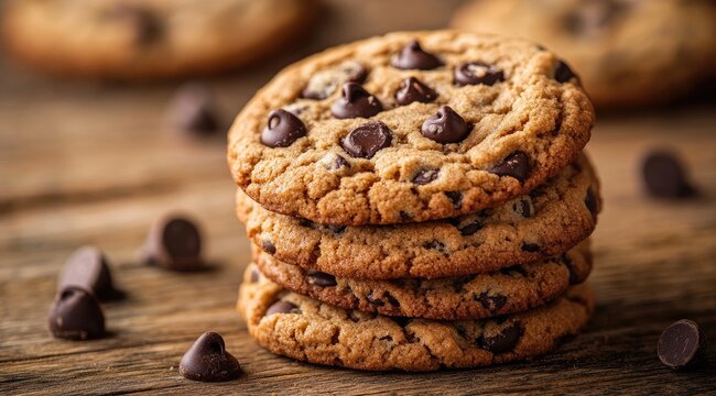 Stacked chocolate chip cookies on wooden surface