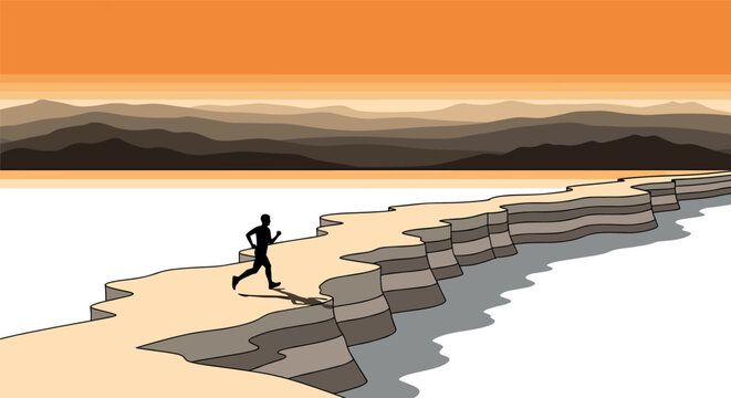 Silhouette runner on dramatic cliff against layered mountain landscape at sunset