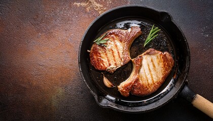 Tasty Fried Pork Fillet In An Old Skillet Pan On Rusty Texture Background