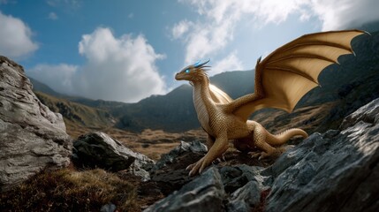 Obraz premium A mythical dragon against a mountainous backdrop: shining scales, horns, claws, and wings. An epic fantasy scene.