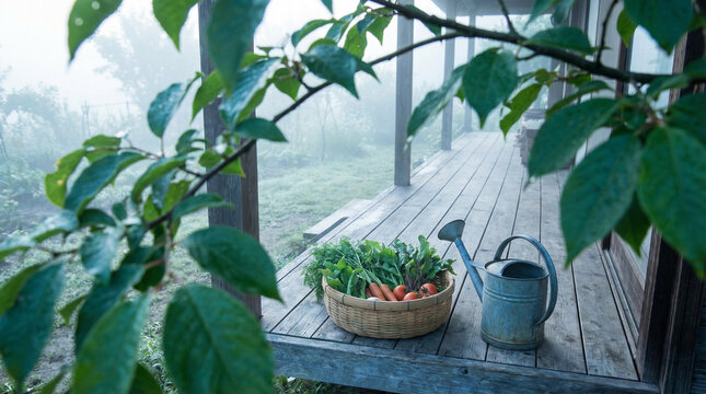 A basket of fresh vegetables beside a watering can on a porch, surrounded by morning fog and greenery, perfect for seasonal gardening or tranquil outdoor scenes.