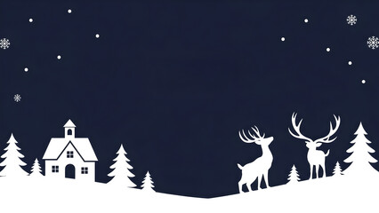 Christmas Night Silhouettes with Reindeer, House, and Pine Trees. Dark Winter Vector Background