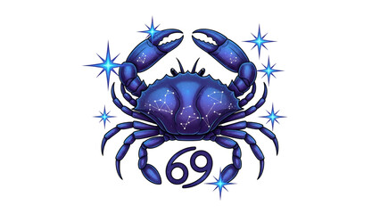 A stylized blue crab with constellations, shimmering stars on a black background