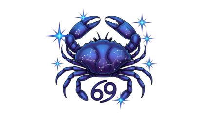 A stylized blue crab with constellations, shimmering stars on a black background