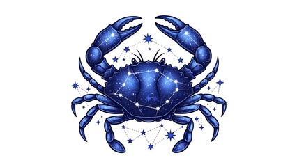 An illustrated blue crab with celestial constellations on its body, set against black