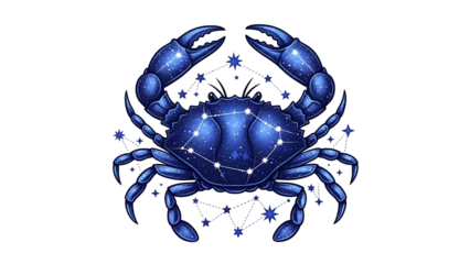An illustrated blue crab with celestial constellations on its body, set against black