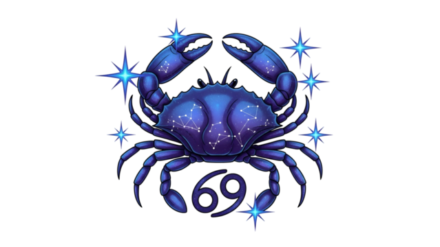 A stylized blue crab with constellations, shimmering stars on a black background