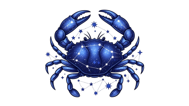 An illustrated blue crab with celestial constellations on its body, set against black