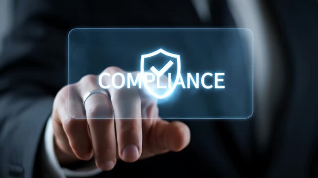 Hand Tapping Compliance Shield on Clear Screen in Dark Suit and Silver Ring Compliance Concept on Technology, Governance, Legal and Regulatory Standards
