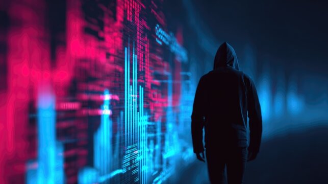 A hooded figure walks past a vibrant, complex digital interface displaying data streams and code, symbolizing cybersecurity, hacking, or a digital journey.