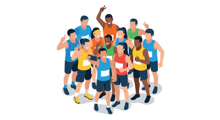 Energetic group of runners taking a selfie in isometric style