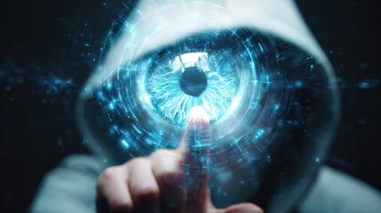 A person in a hoodie interacts with a glowing, futuristic blue eye, surrounded by digital data, representing advanced technology and surveillance.