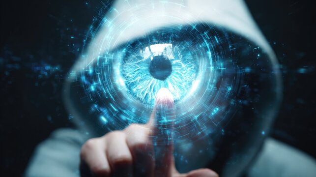 A person in a hoodie interacts with a glowing, futuristic blue eye, surrounded by digital data, representing advanced technology and surveillance. - Powered by Adobe