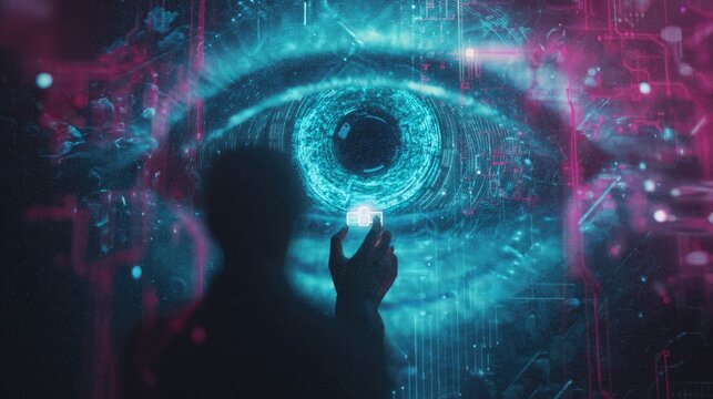 Human hand touches a glowing futuristic icon within a massive digital eye, symbolizing AI interaction, data visualization, and immersive technology.