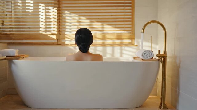 Back view of a young asian woman relaxing in a modern freestanding bathtub. Peaceful morning self care ritual in a sunlit bathroom. Luxury hotel spa and wellness lifestyle