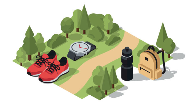 Outdoor hiking gear in isometric style for adventure enthusiasts