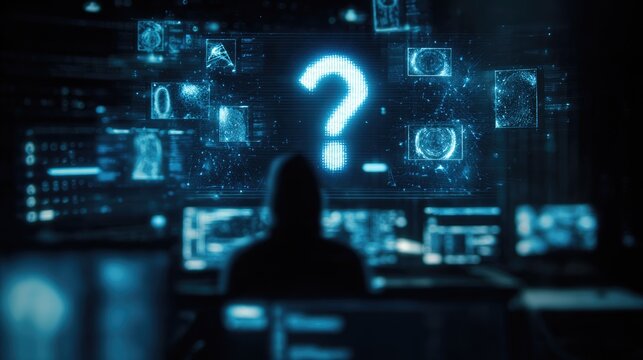 Silhouette faces complex digital interface with glowing question mark, surrounded by data and biometric scans, symbolizing cybersecurity, mystery, or data analysis challenges.