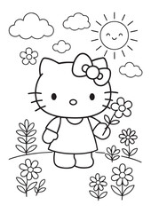 Cute Kitty with Flower  A4 Coloring Page for Kids