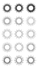 A collection of fifteen monochrome circular burst designs with radial lines emanating from the center, creating a vintage sunburst effect