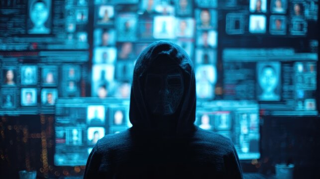 A hooded figure with a digital wireframe face stands before multiple blue screens filled with personal profiles and data, depicting a cyber threat.