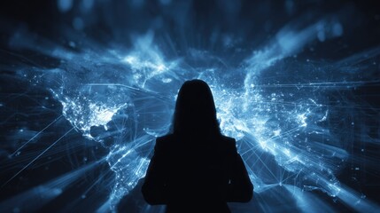 A person views a glowing blue digital world map, illuminated by data networks and city lights, symbolizing global connectivity, technology, and information management.