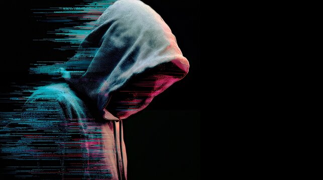 Hooded Glitch: Digital Phantom in Neon Distortion