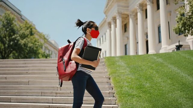 Asian female student in a face mask walking up stairs on a university campus. Higher education and learning during the pandemic with a young woman carrying books and a backpack