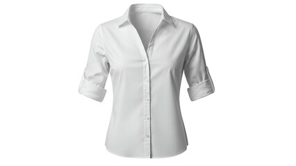 A classic white button-down shirt with rolled-up sleeves and a tailored fit against black