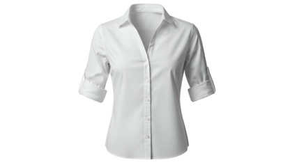 A classic white button-down shirt with rolled-up sleeves and a tailored fit against black