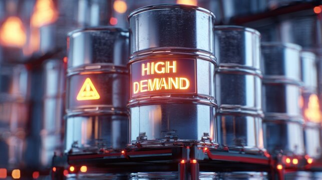Futuristic metallic barrels, one glowing 'HIGH DEMAND', another with a warning sign, symbolizing market pressure and resource scarcity. - Powered by Adobe