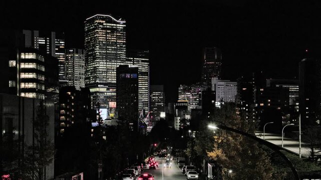 Night in Tokyo : City Highway Illuminated by Motorcade Lights With the Skyscrapers of the Entertainment District in the Background  |  Shibuya, Tokyo, Japan
