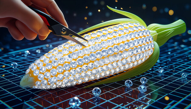 A close-up of hands using scissors to cut a futuristic corn cob adorned with glowing circuits and crystals, symbolizing genetic modification or digital agriculture.