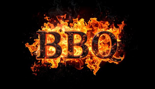 BBQ" text engulfed in fiery flames against a stark black backdrop, hot and intense