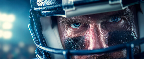 American football player in blue and white helmet staring intensely during a night game in the stadium