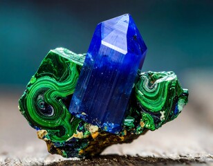 Azurite crystal on green malachite matrix with concentric patterns, displayed on a textured wooden surface