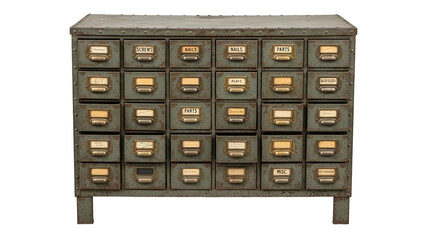 Aged, industrial metal cabinet with small drawers and label holders; vintage aesthetic
