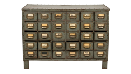 Aged, industrial metal cabinet with small drawers and label holders; vintage aesthetic