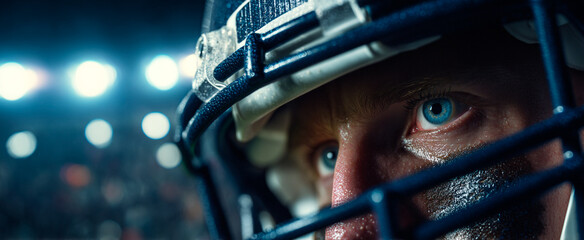 American football player in blue and white helmet staring intensely during a night game in the stadium